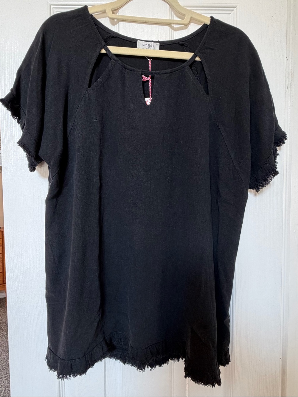 Umgee Black Short Sleeve Fringe-Trim Tunic